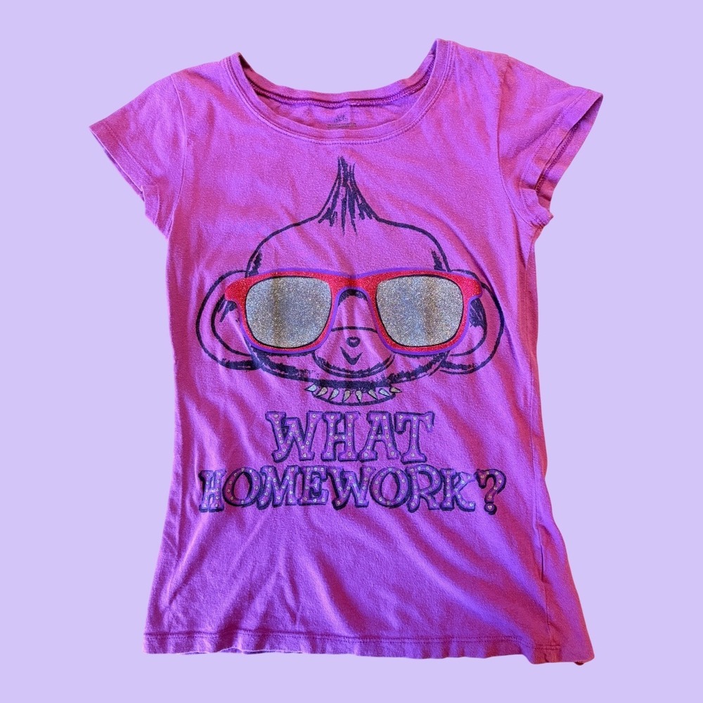 Y2K Purple Monkey What Homework Glitter Graphic Baby Tee Scene #17